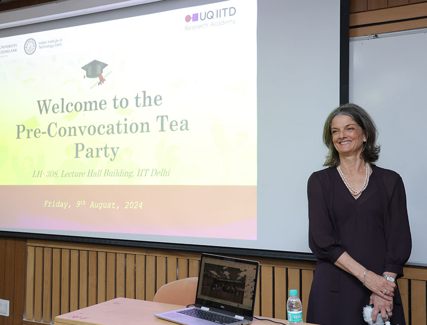 Professor Virginia Slaughter addressing graduating students at the UQ-IITD Convocation Tea Party in Delhi.