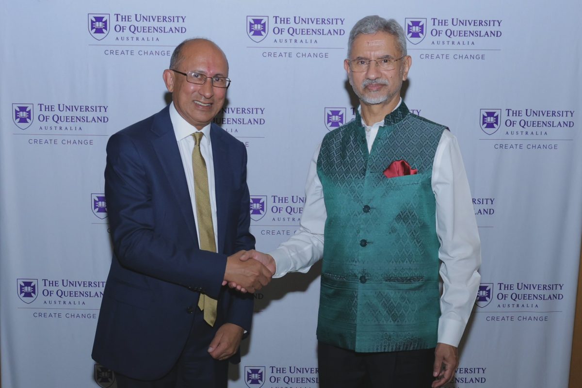 UQ Chancellor Peter Varghese AO shaking hands with Dr S. Jaishankar, External Affairs Minister Government of India