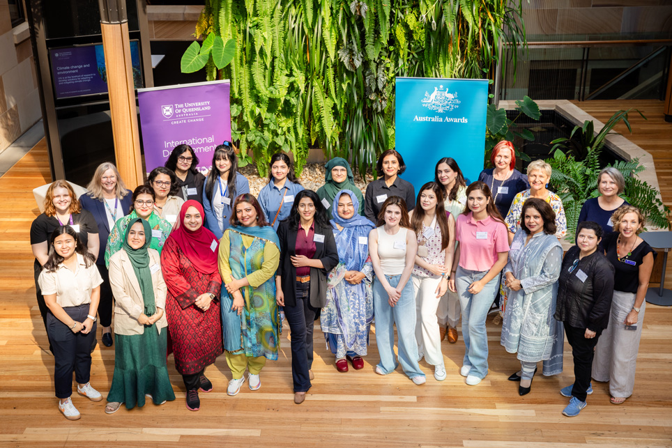 Participants and facilitators, ‘Women in Executive Leadership Development (WELD) Pakistan’, standing as a group at the University of Queensland in March 2024.  