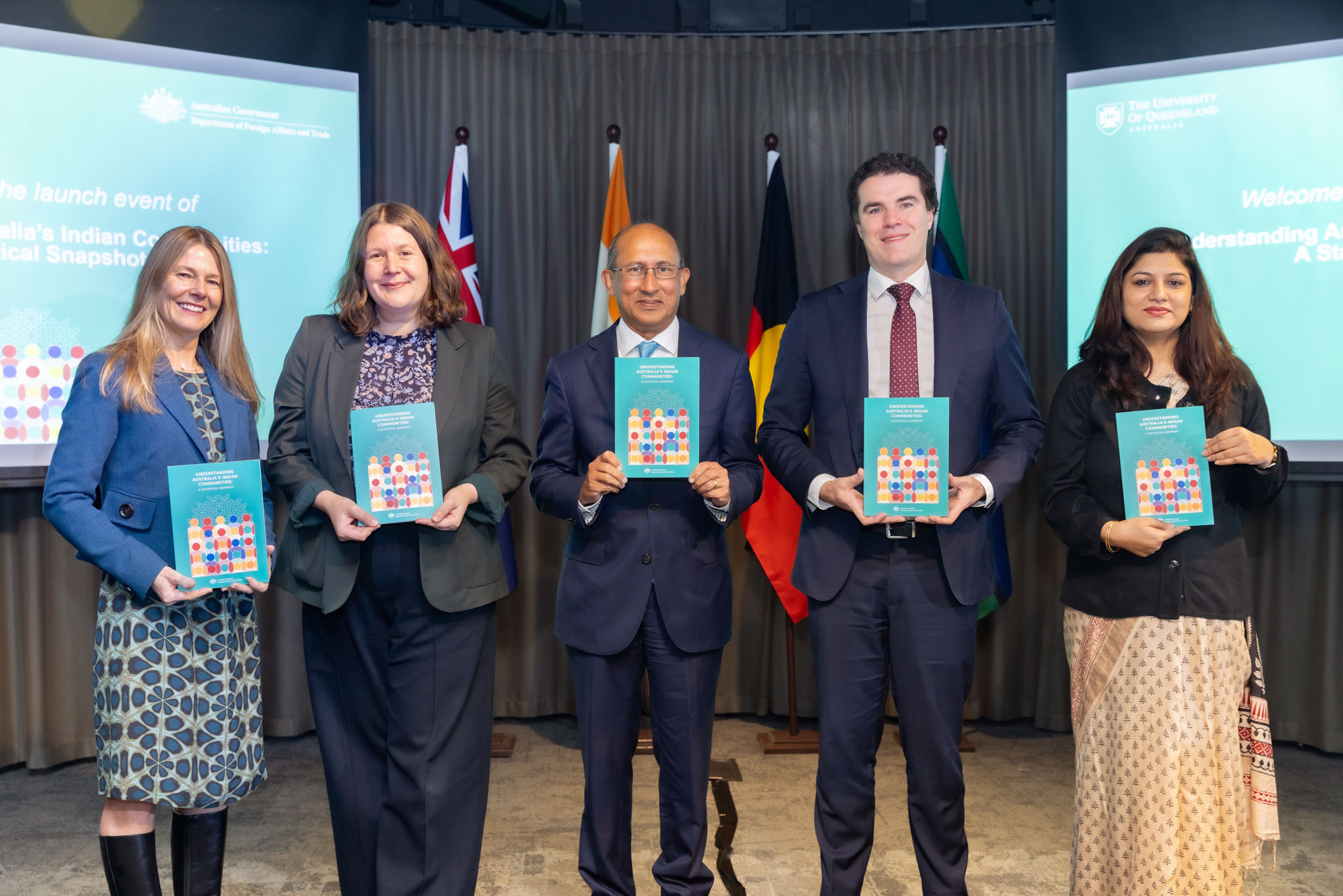  Sarah Storey, First Assistant Secretary of South and Central Asia (DFAT); Elin Edward, UQ School of the Environment; Peter Varghese AO, UQ Chancellor; Tim Watts (Special Envoy for Indian Ocean Affairs); and Neetu Bhagotia (Brisbane’s Indian Consul General).