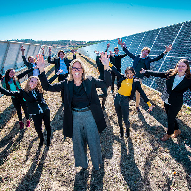 Professor Peta Ashworth pictured with UQ Liveris Academy scholars at the Warwick Solar Farm