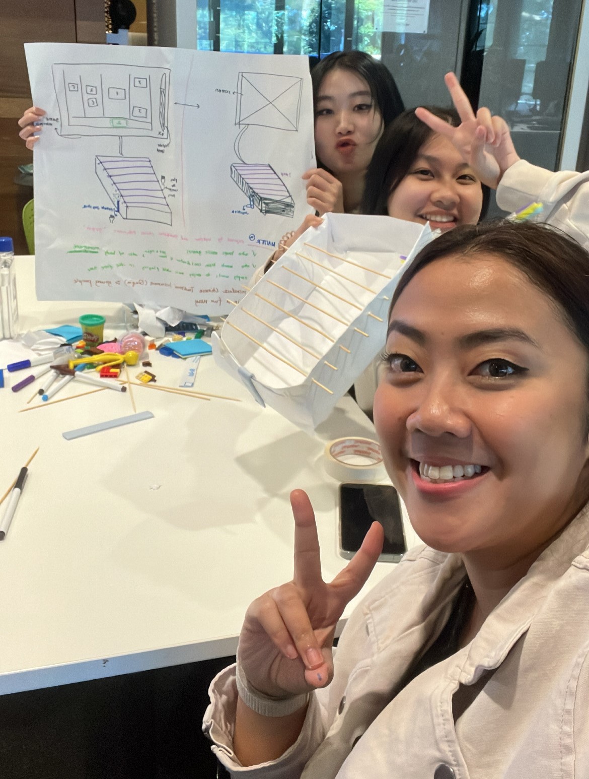 Sumayyah Abdurrahman with two students at the Ventures Curiosity workshop holding up paper