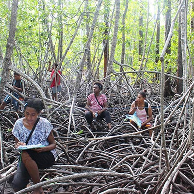 women sitting in groves of trees 