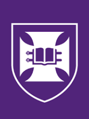 purple background with white badge emblem device that features a cross and a book