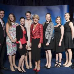 From left, Michael Lucas; UQ Global Engagement Deputy Director Dr Jessica Gallagher, Caitlin Gordon-King, Sophie Ryan, Foreign Affairs Minister Julie Bishop, Kate Goodfruit, Rachel Dodds, Elsie Schuster and Alexander Williams