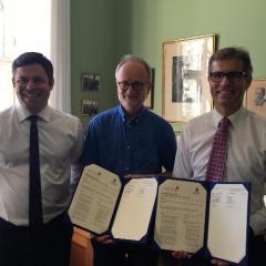 From left, Australian Ambassador to Denmark Damian Miller; Niels Bohr Institute director Professor Robert Krarup Feidenhans'l; UQ Vice-Chancellor Professor Peter Høj