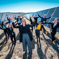 Professor Peta Ashworth, Director of the Andrew N. Liveris Academy for Innovation and Leadership with students at UQ's Warwick Solar Farm