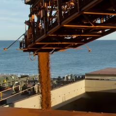 minerals getting sent via conveyer belt into belly of ship while it's on the water 