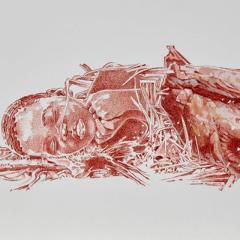 sketch drawing of an african child curled up in the fetal position covered in a grass mat