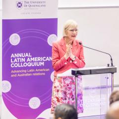 VC Professor Deborah Terry AC speaking at the LAC opening address by a podium