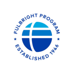 Blue segments to represent world with blue CAPS text curved around it to read Fulbright Program
