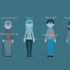 five people drawn with different ailments from liver disease to cancer
