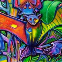 bats with outstretched arms in multiple bright colours by PNG artist. 