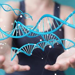 Woman with hands out wide with blue double helix hovering above her hands. 
