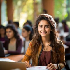 Successful female Indian student sitting in a library with her books smiling to camera