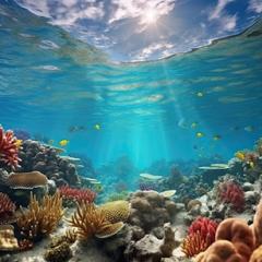 Coral reef in bright light - the camera shows you from the bottom of the seabed through the water to the sky above