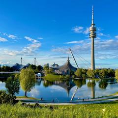 Munich tower and lake in Germany