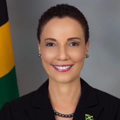 Headshot of Honourable Kamina Johnson Smith JP with Jamaican flag in background 